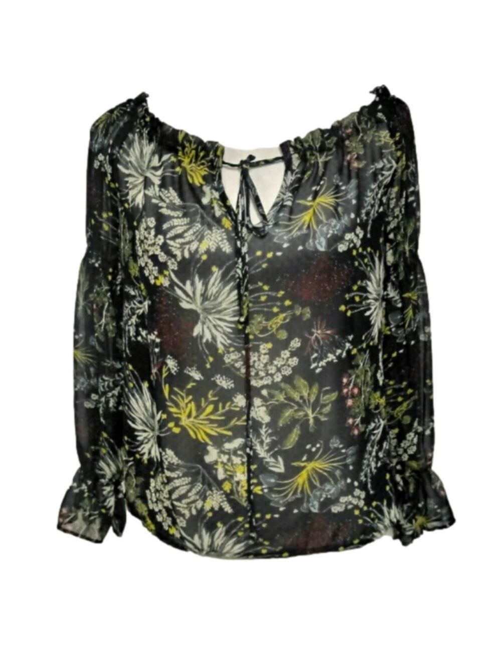 WAYF Navy Floral Perched Bird Peasant Elastic Keyhole Neckline Long Sleeve Top